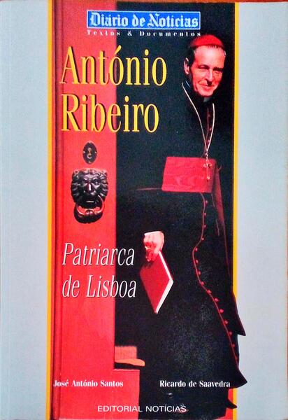 Capa de D. António Ribeiro Patriarca de Lisboa com página de jornal e máquina de escrever